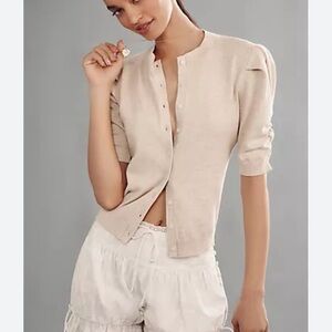 By Anthropologie Sculpted Puff-Sleeve Cardigan Cotton Cashmere Sweater, Tan, XS